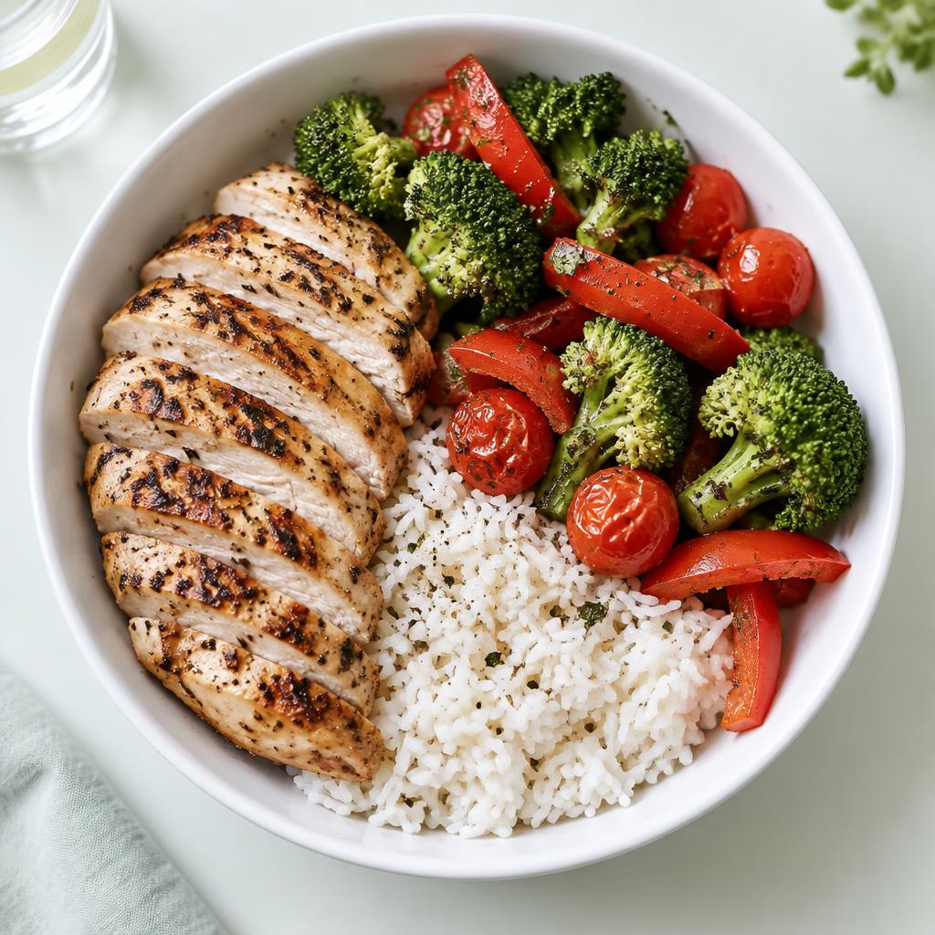 A bowl of grilled chicken, rice and vegetables