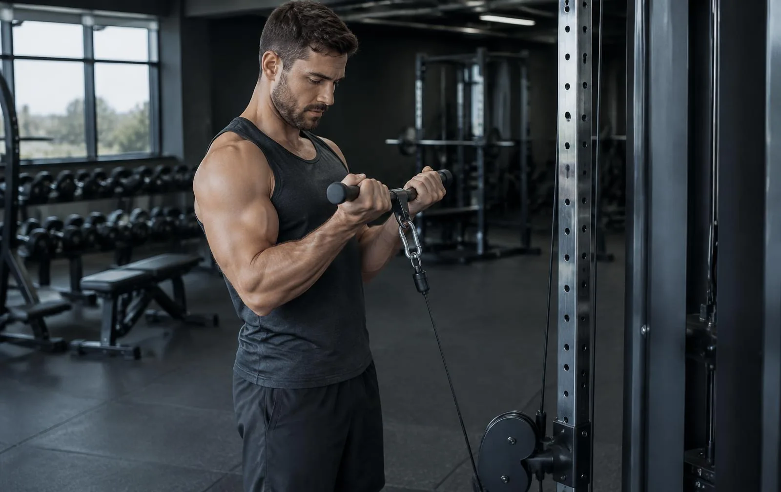 A man performing a controlled standing cable curl.