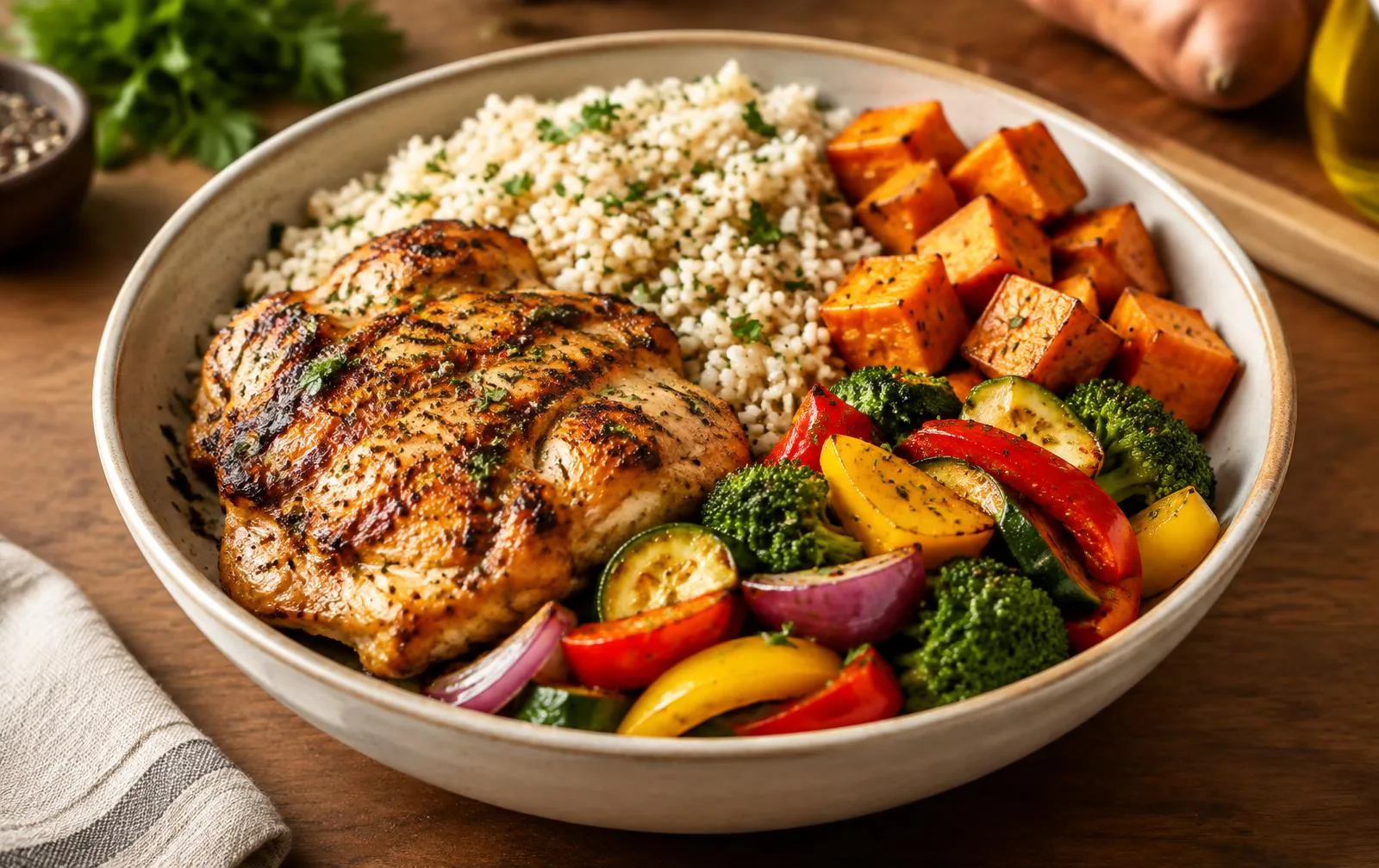 A substantial chicken, grain, sweet potato and vegetable meal.