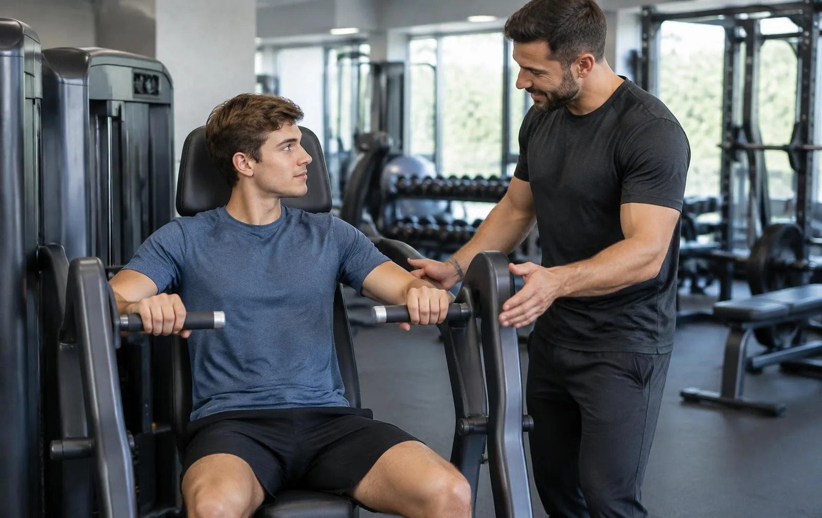 A beginner receiving a calm introduction to a chest press machine.
