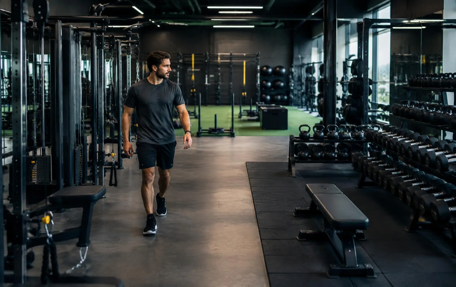 A gym-goer walking between the free-weight and cable areas of a commercial gym.