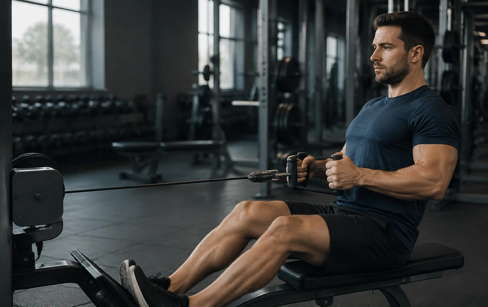 A man performing a seated cable row in a modern gym.