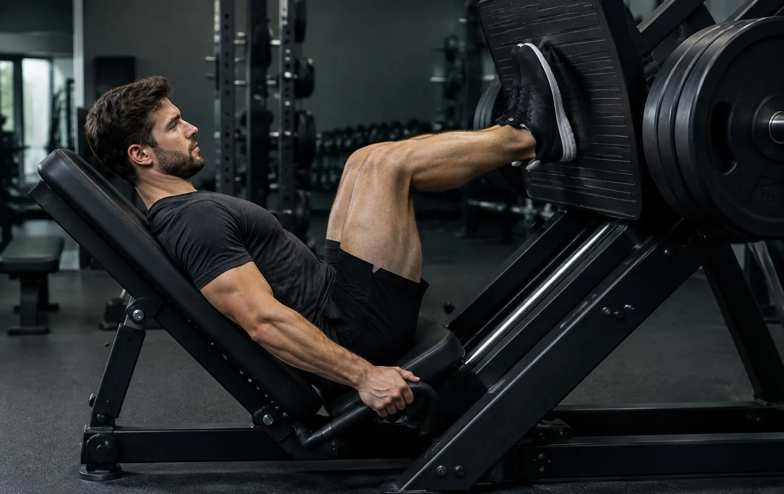 A man performing a controlled leg press.