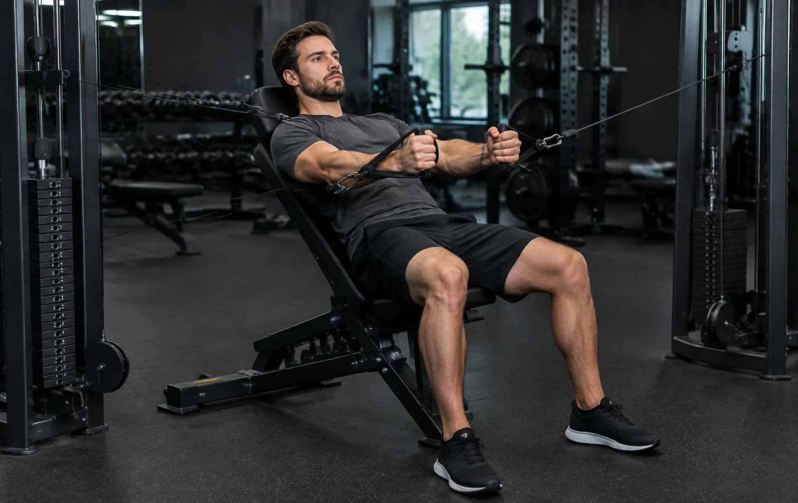 A man performing an incline cable press in a commercial gym.