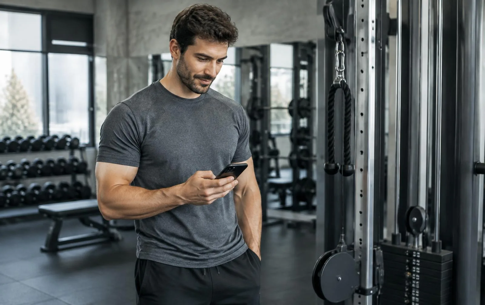 A gym-goer reviewing his training progress beside a cable machine.