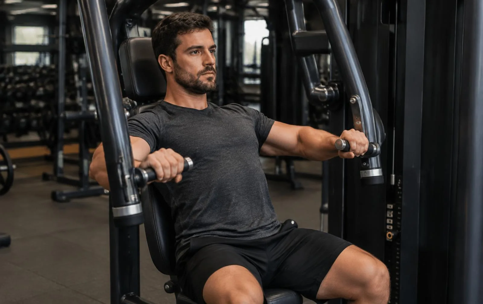 A man performing a controlled machine chest press in a commercial gym.