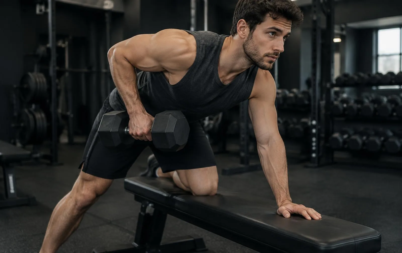 A man performing a supported one-arm dumbbell row.