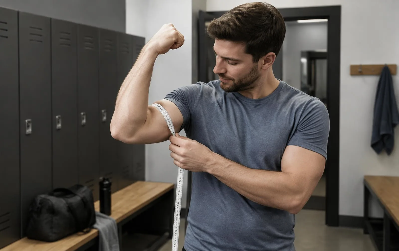 A gym-goer measuring his upper arm to track progress.