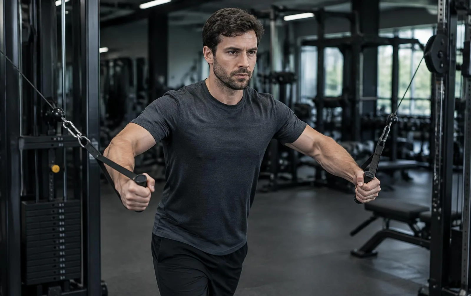A man performing a controlled cable fly in a commercial gym.