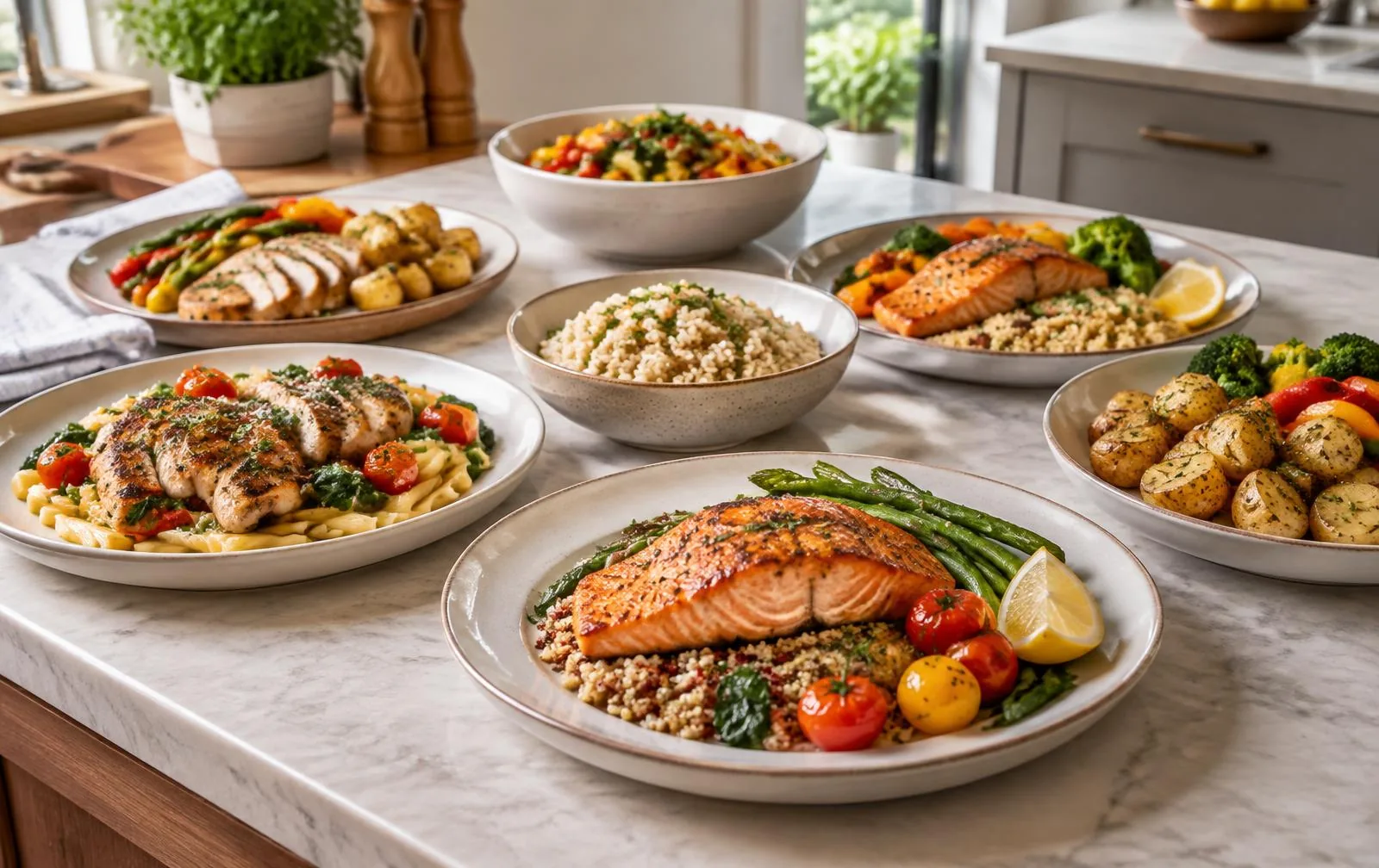 Several substantial high-protein meals prepared with fish, chicken, grains and vegetables.