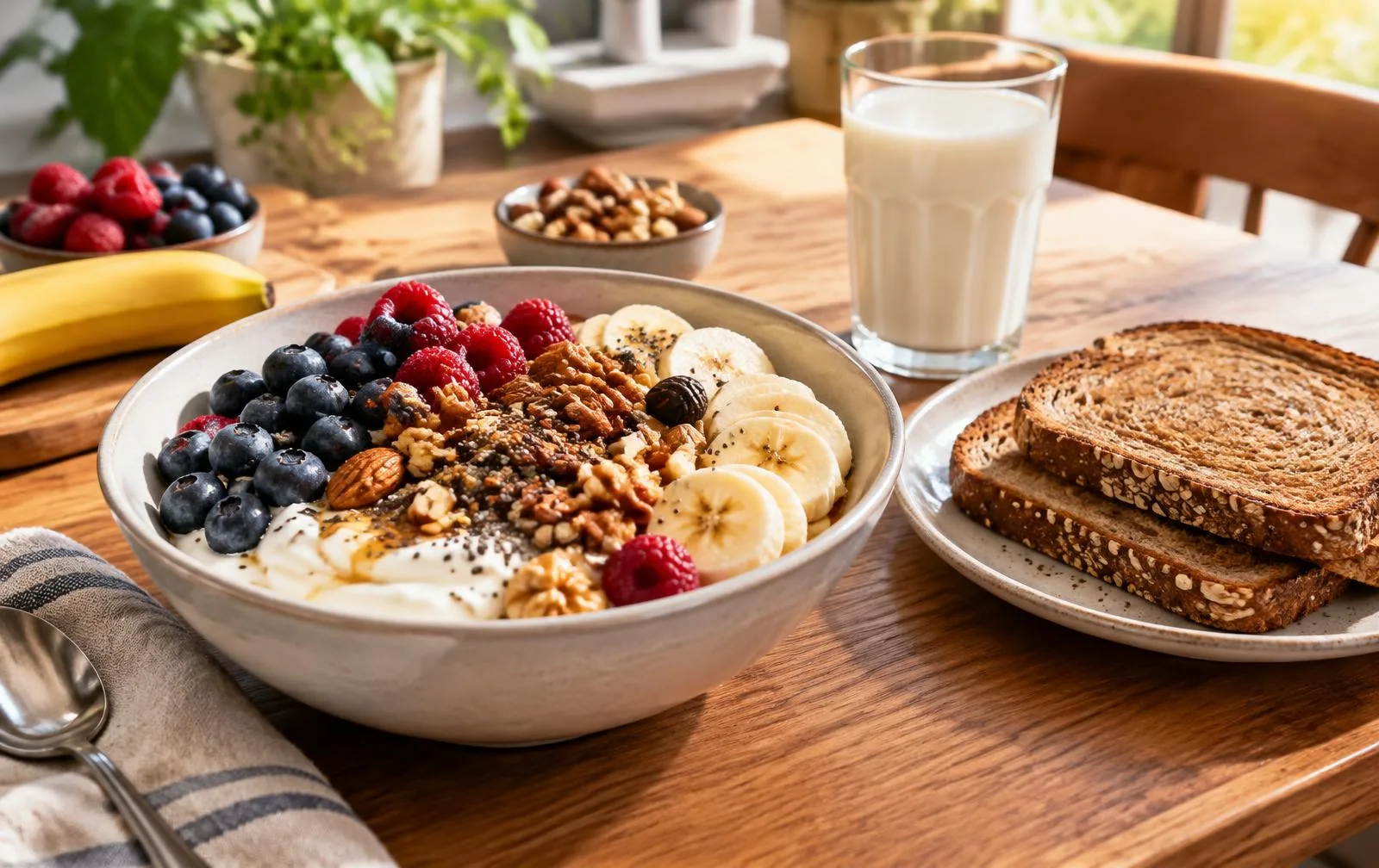A substantial breakfast with yoghurt, fruit, nuts, toast and milk.