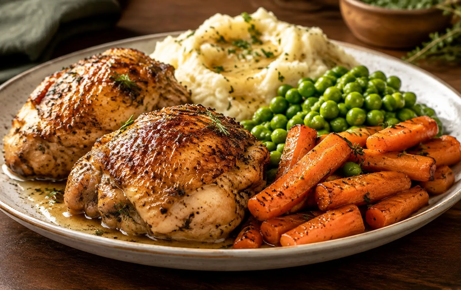 A generous chicken meal with potatoes, peas and carrots.