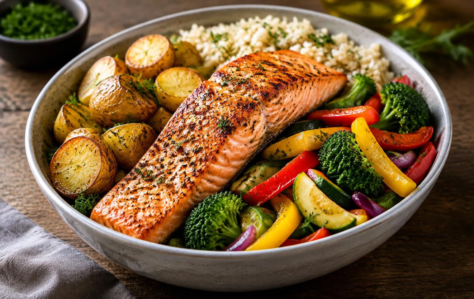 A substantial salmon meal with rice, potatoes and colourful vegetables.