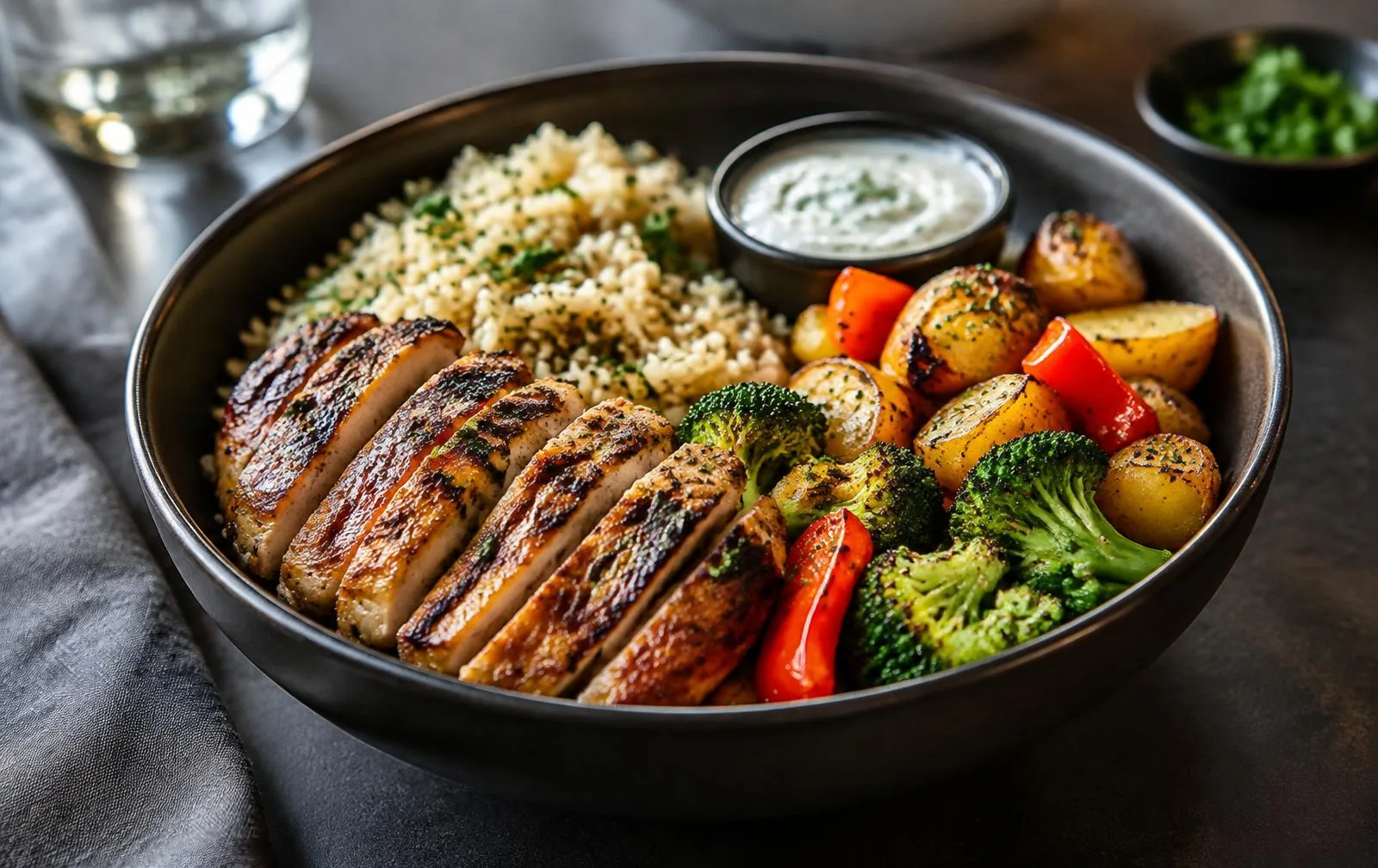 A substantial high-protein meal with chicken, rice, potatoes and vegetables.