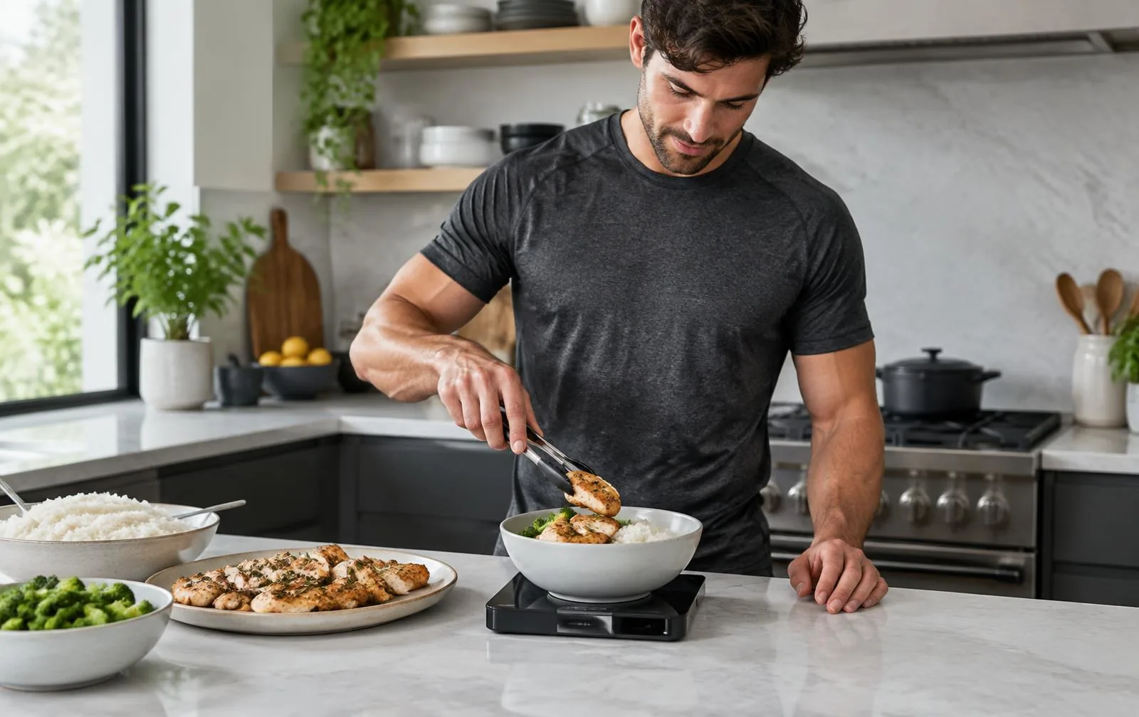A man portioning chicken and rice using a kitchen scale.