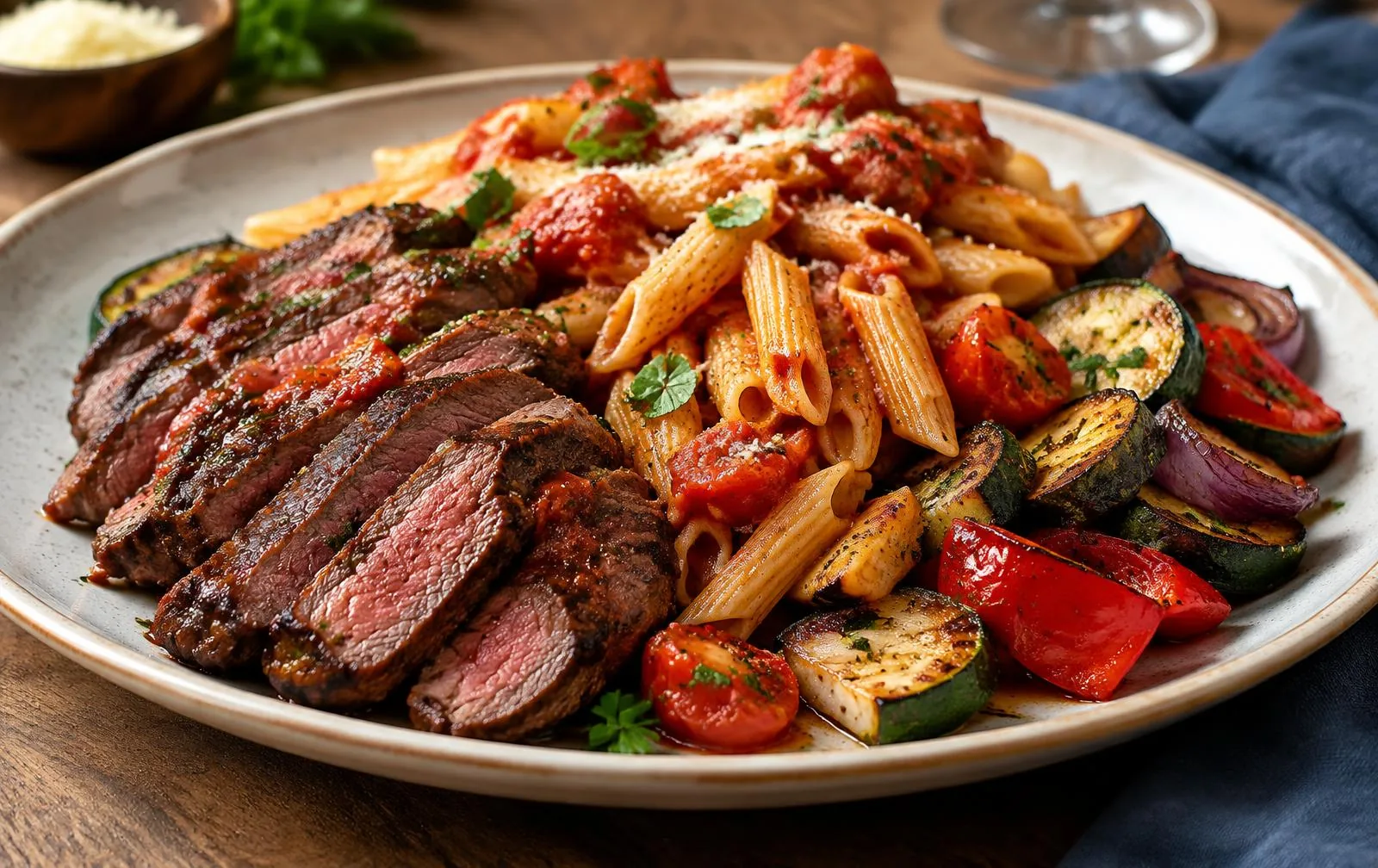 A substantial beef and pasta meal with roasted vegetables.