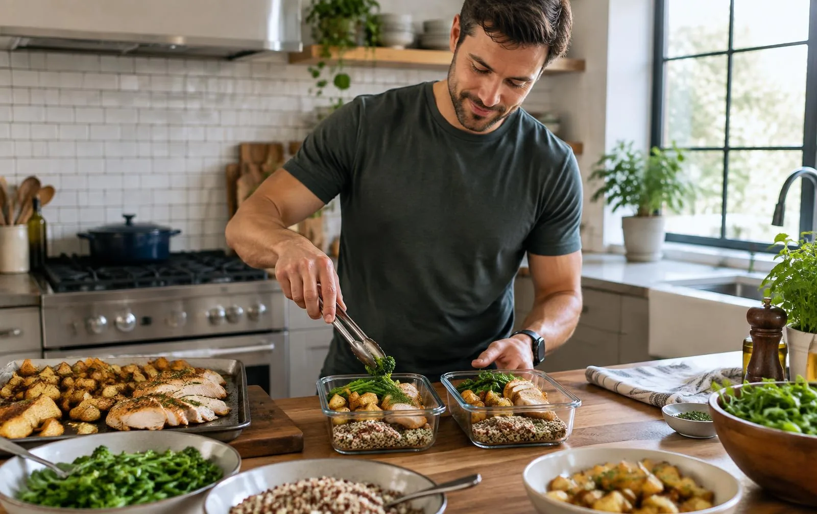 A man preparing high-protein meals with chicken, grains and vegetables.