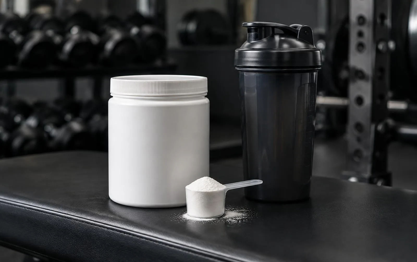 An unlabelled creatine tub, measuring scoop and shaker on a gym bench.
