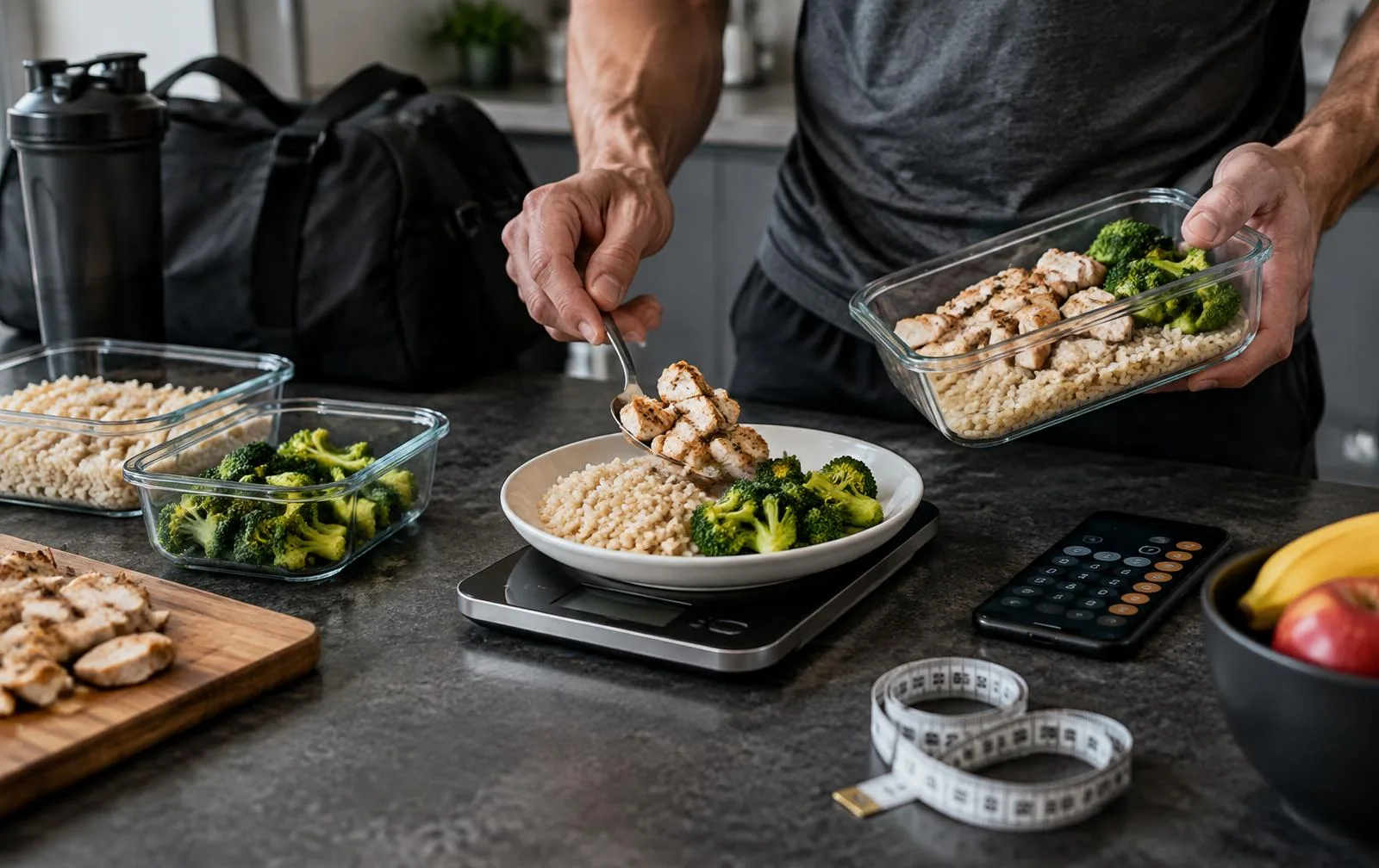 A high-protein meal being portioned on a kitchen scale beside a tape measure.