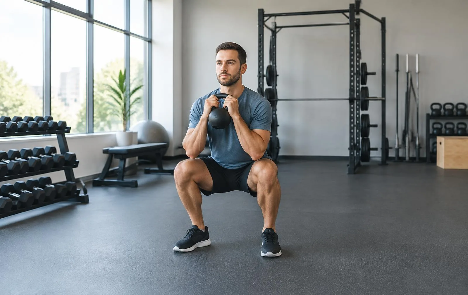 A man performing a goblet squat in a bright gym.