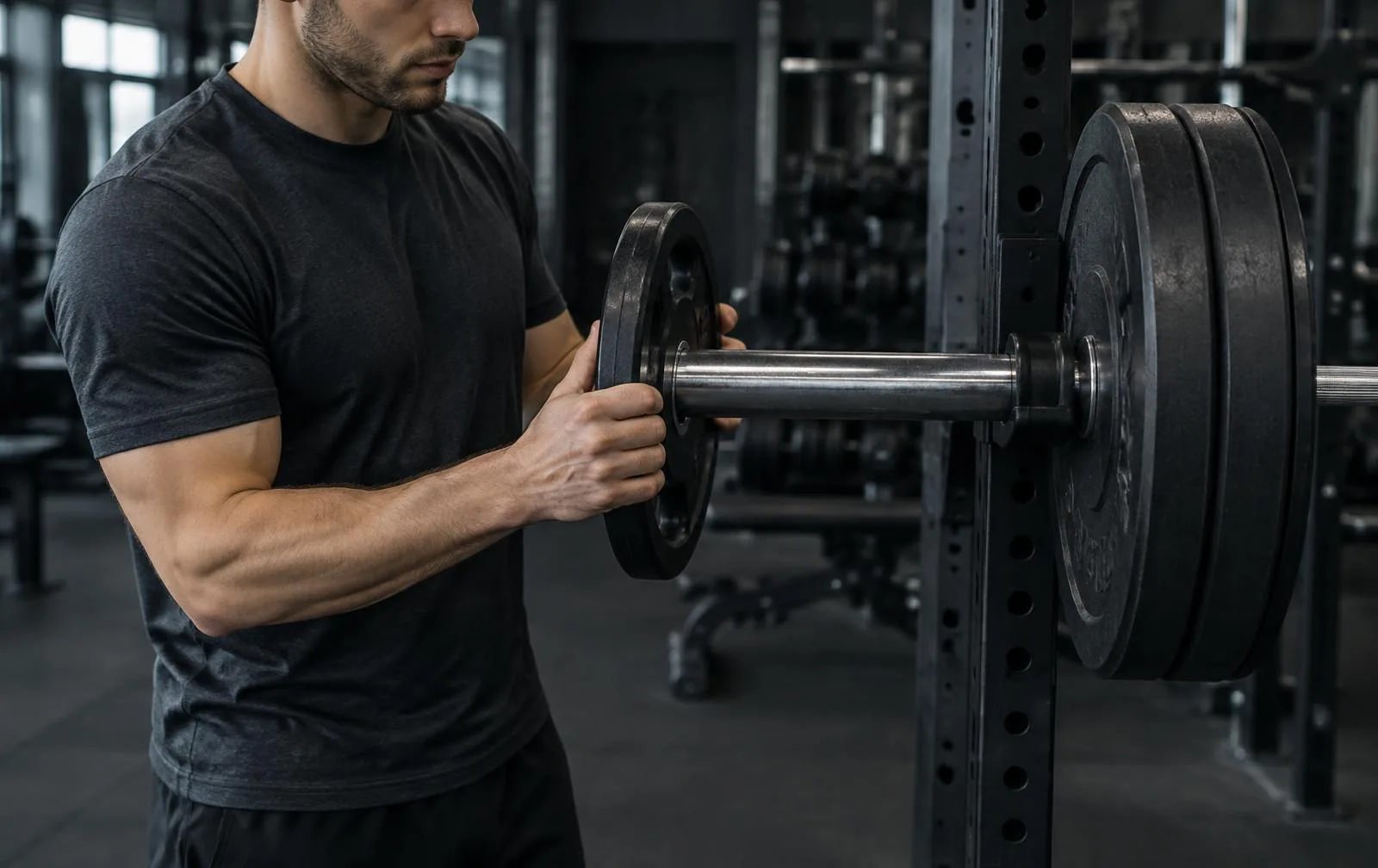 A lifter adding a small plate to a barbell before training.