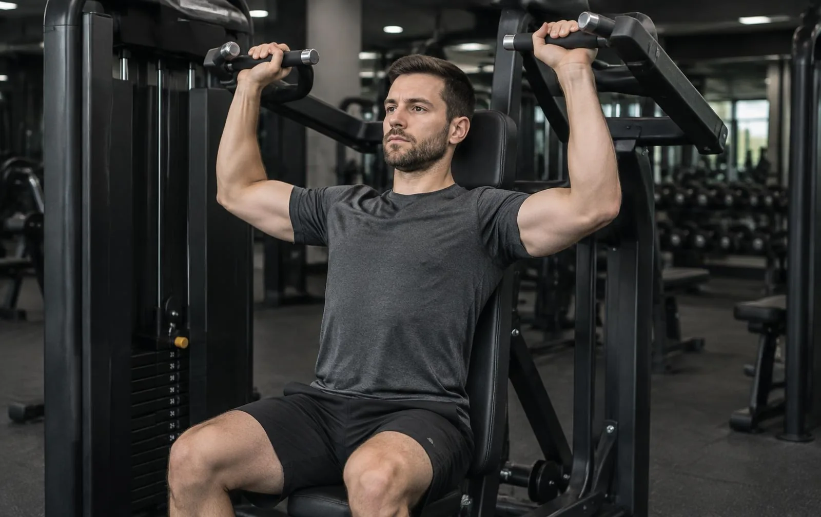 A beginner using a machine shoulder press with controlled technique.