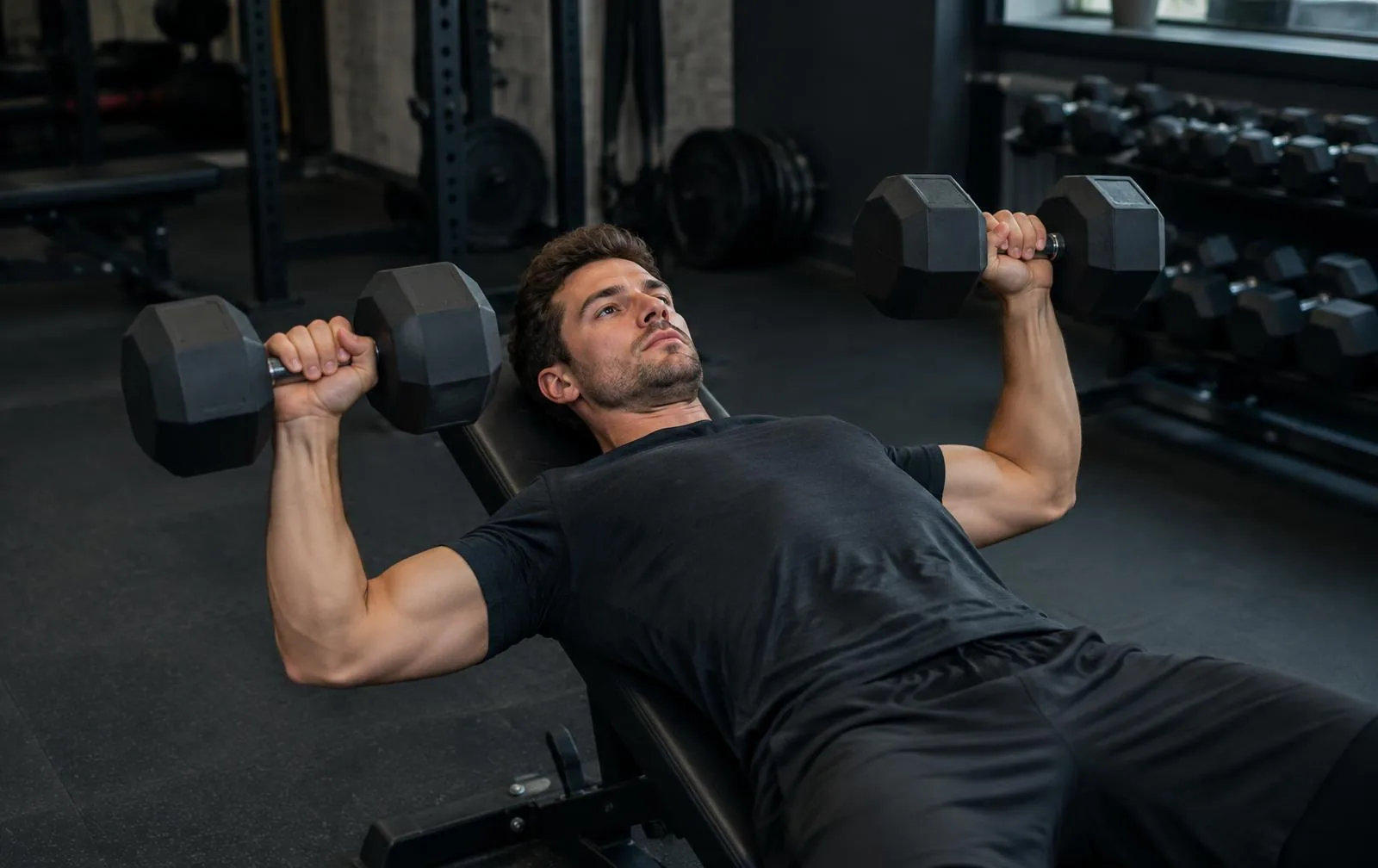 A man performing a controlled dumbbell bench press in a commercial gym.