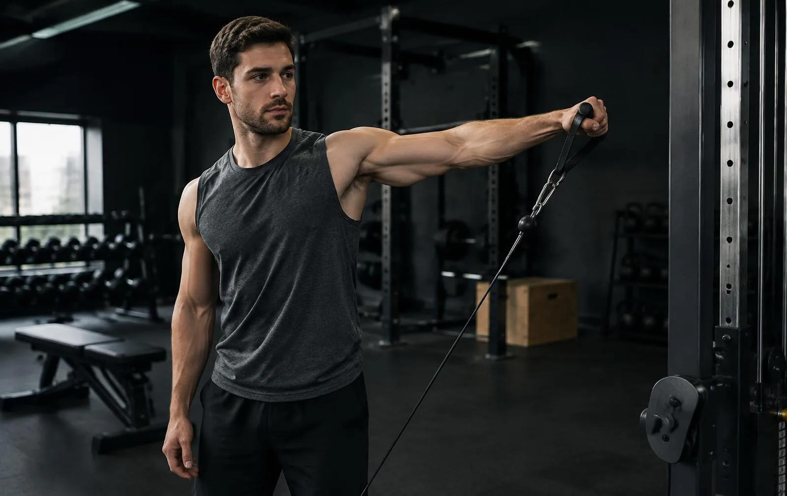A man performing a controlled cable lateral raise.