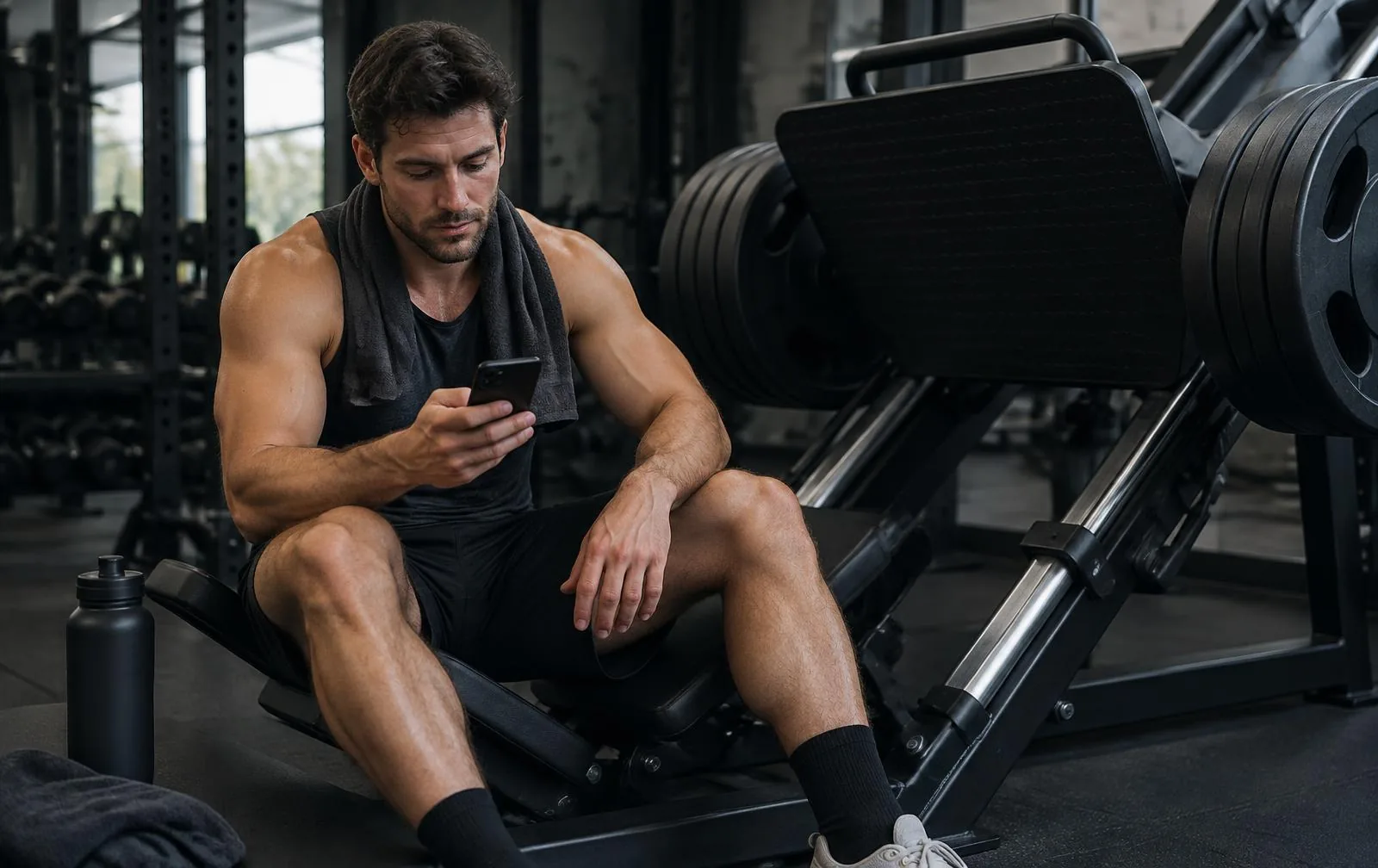 A gym-goer checking his workout timer beside a leg press.