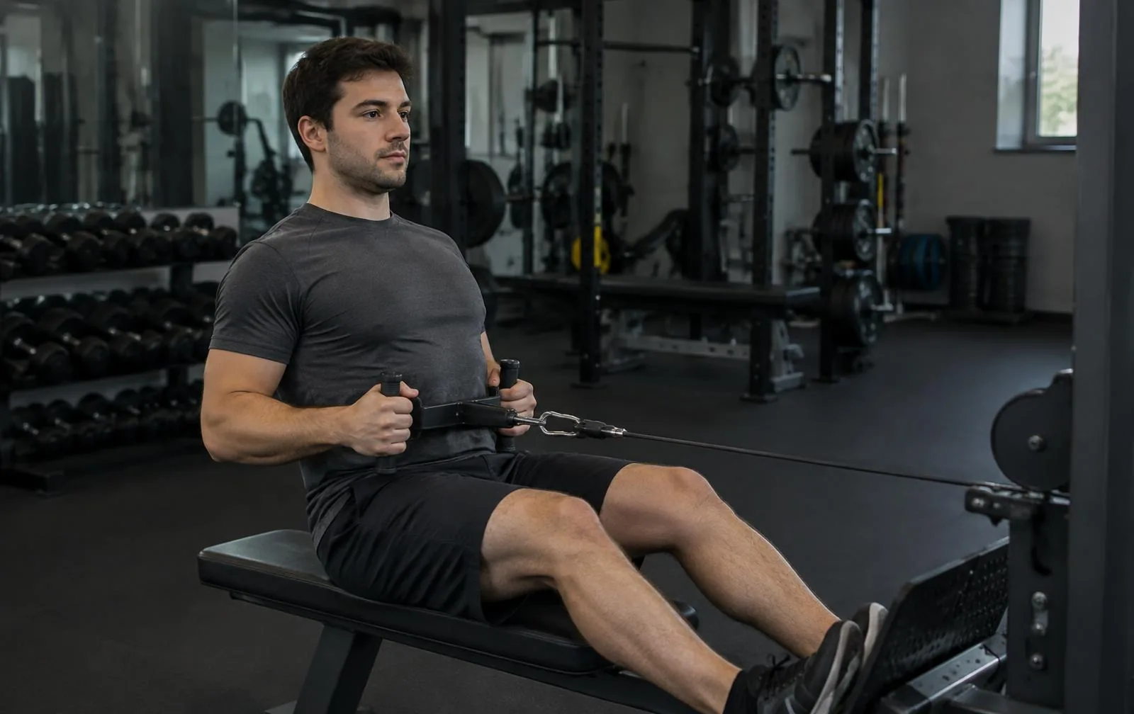 A beginner performing a seated cable row in a commercial gym.